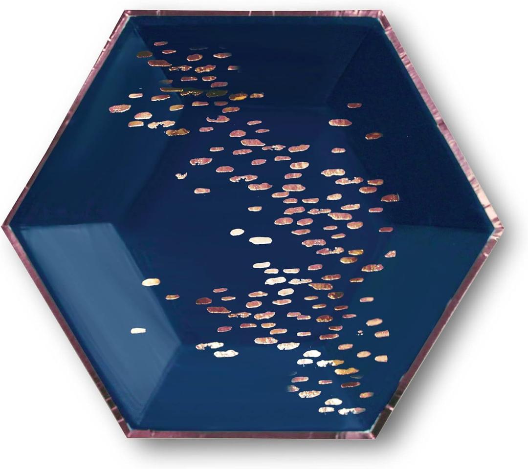 Harlow & Grey Erika Small Party Plates Set, 24 Ct Pack, 8 Elegant, Abstract Disposable Paper Dinnerware Supplies for Birthday, Wedding, Shower, Anniversary, Engagement, Holiday, Navy Blue & Rose Gold