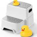 UNCLE WU Toddler Step Stool for Potty Training, Bathroom Sink & Toilet - 2 Step Kids Poop Stool, Non-Slip Step Stool with Handles, Dual Height Stepping Stool for Kitchen Counter (Include 2 Ducks) (Gray)