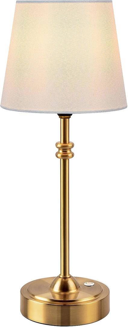 ONEWISH Cordless Lamp-Battery Operated Table lamp, 4000mAh Rechargeable, Step less Dimmable, Small Touch Bedside Lamp with Fabric Shade, for Dining, Patio, Bathroom(Gold)