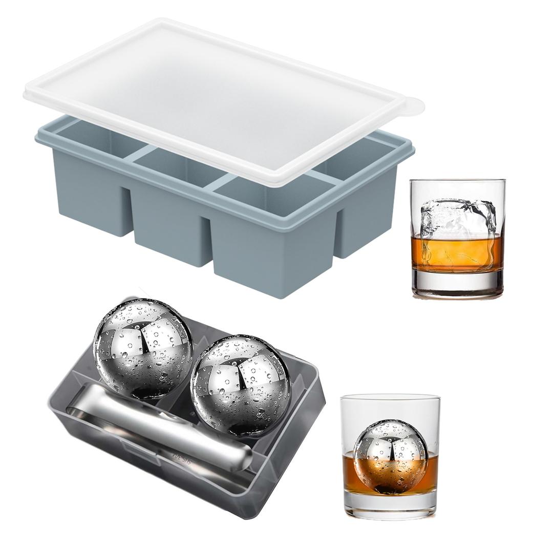 Large Silicone Ice Cube Tray with Lid & XL Stainless Steel Ice Balls - Easy Release 2" Big Sphere Ice Maker Mold & Reusable Metal Chilling Spheres - Non-Diluting Whiskey Gifts for Him Dad-BLUE