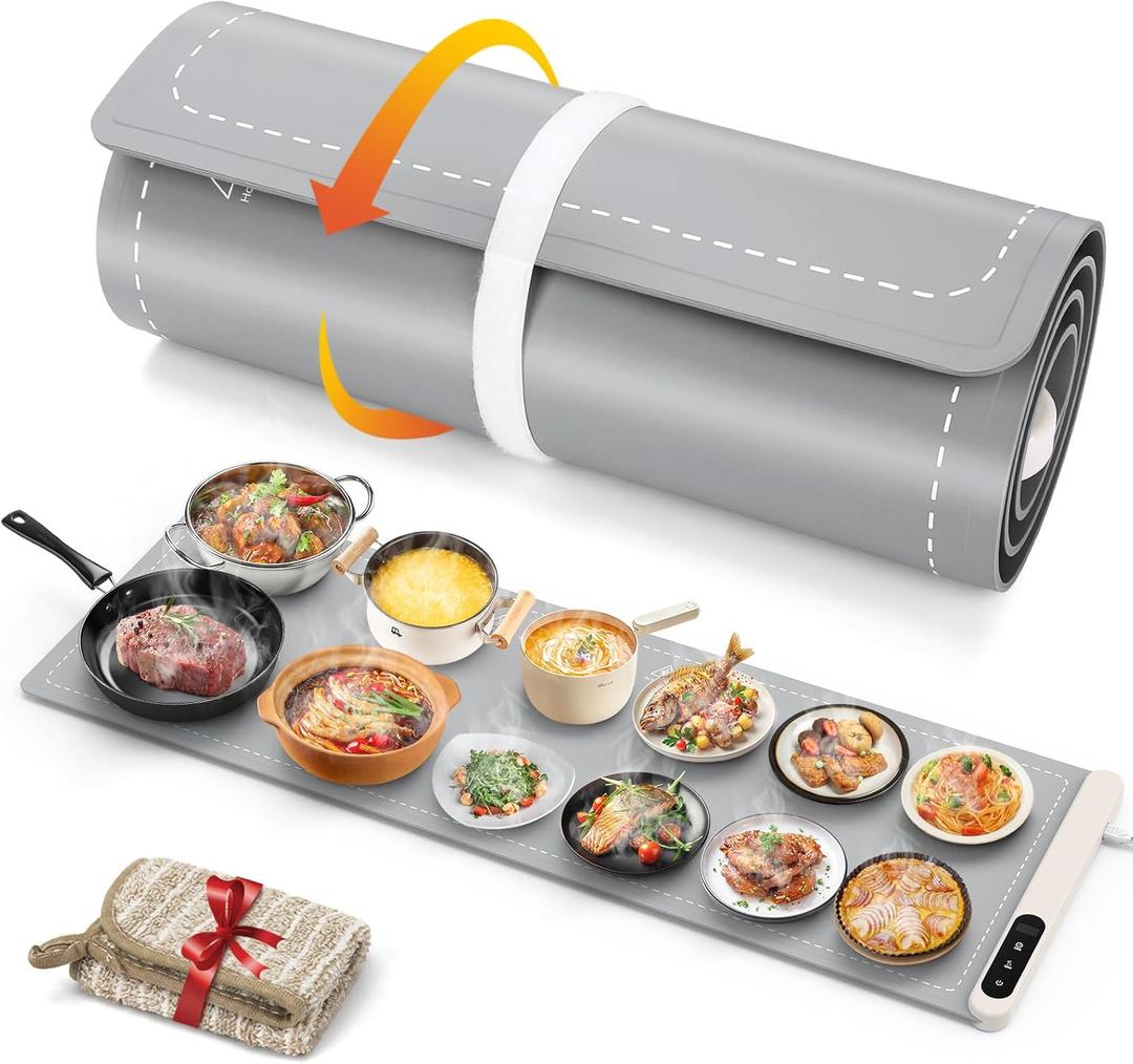 FYY Extra Long Warming Mat for Food, Rapid and Full Surface Heating Gray | 6 Temp Settings, 6H Timer, Rollable Portable Silicone Electric Food Heating Mat for Countertop Party Buffet, Keep Meal Warm