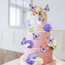 17pcs Butterfly Cake Toppers 3D Romantic Butterfly Cupcake Decorations with Purple White Rose Flowers for Wedding Birthday Anniversary Party Baby Shower