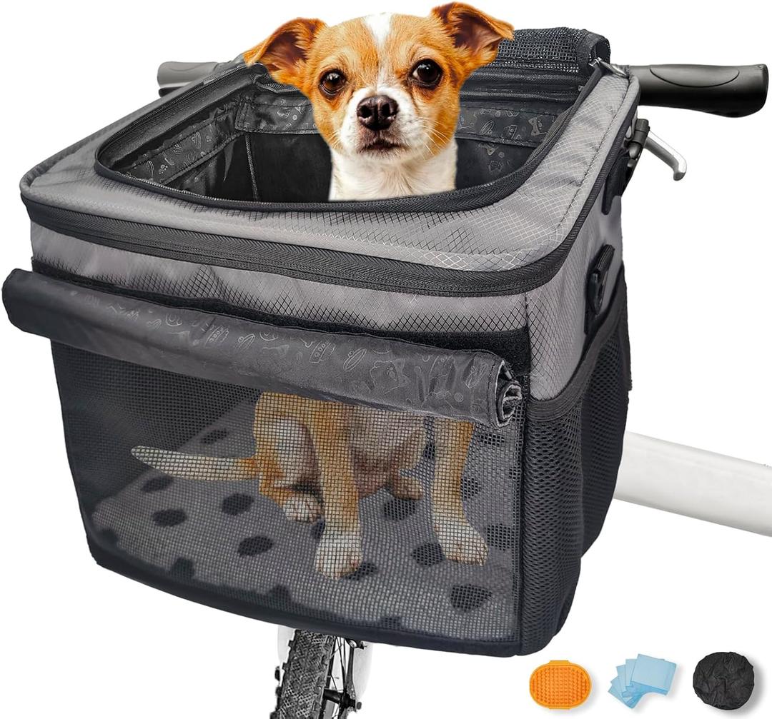 Dog Bike Basket,Cat Backpack Carrier,Dog Bike Carrier Hard,Pet Car Seat with Extended Single Shoulder Strap,Pet Shoulder Bag with Pet Bath BrushDisposable Pee Pads 5pcs,Gray