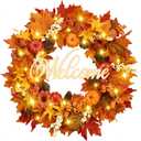 Waipfaru Fall Decor, Fall Wreaths for Front Door, Autumn Wreath with Lights and Welcome Sign, 20'' Outdoor Reef for Thanksgiving Farmhouse Front Porch Patio Decoration (1 Pack, Orange)