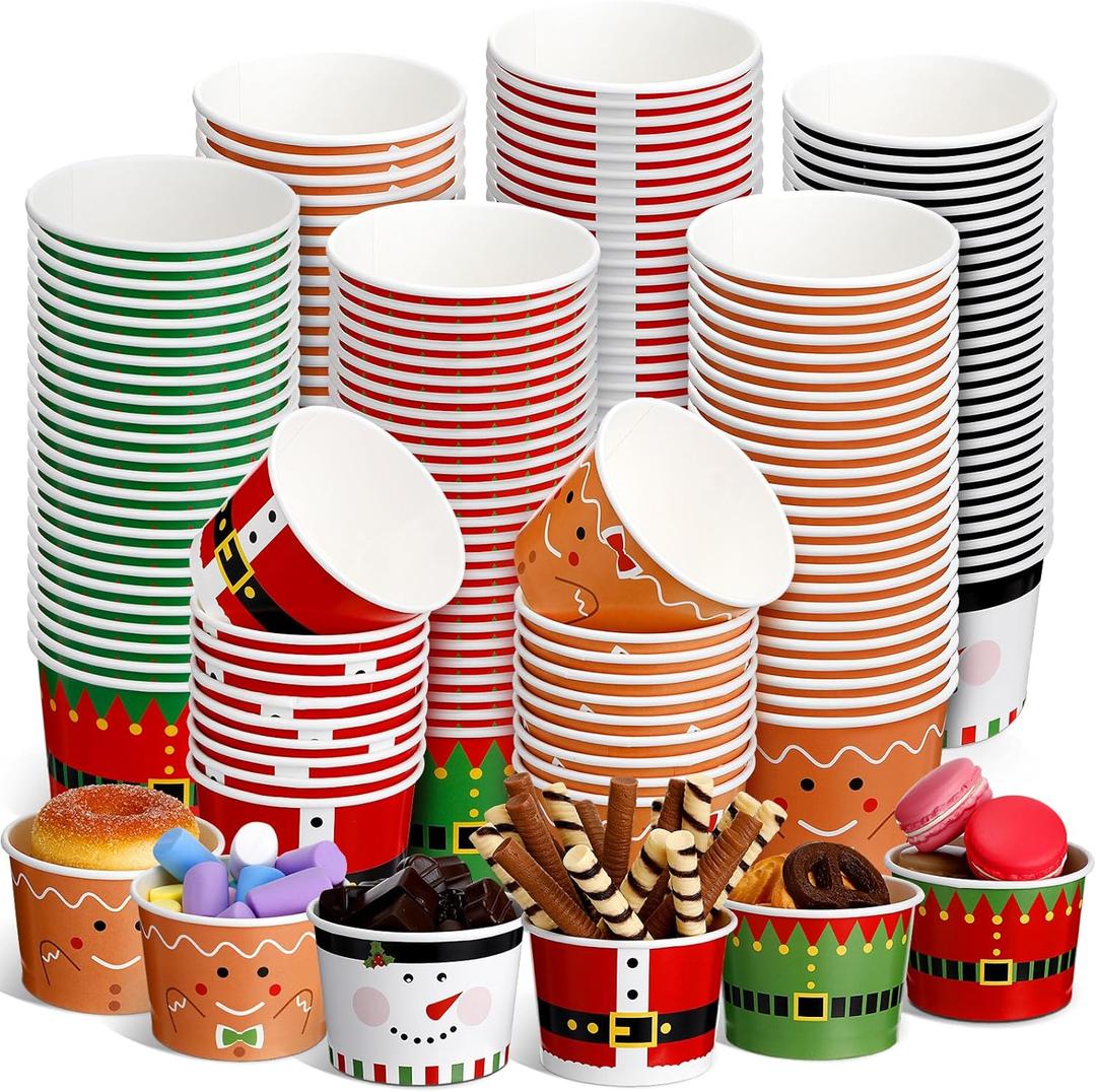 Zhehao 60 Pcs 9 oz Christmas Ice Cream Bowls and Paper Cups - Disposable Soup and Snack Cups for Picnic Party Decorations, Fruit, Hot or Cold Food - Christmas Party Supplies, 6 Styles