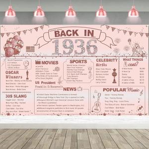 DARUNAXY Rose Gold 90th Birthday Party Decorations for Women, Back in 1936 Banner 90 Year Old Party Poster Supplies, 6x3.6ft Large Fabric Pink Vintage 1936 Backdrop Photography Background for Girls