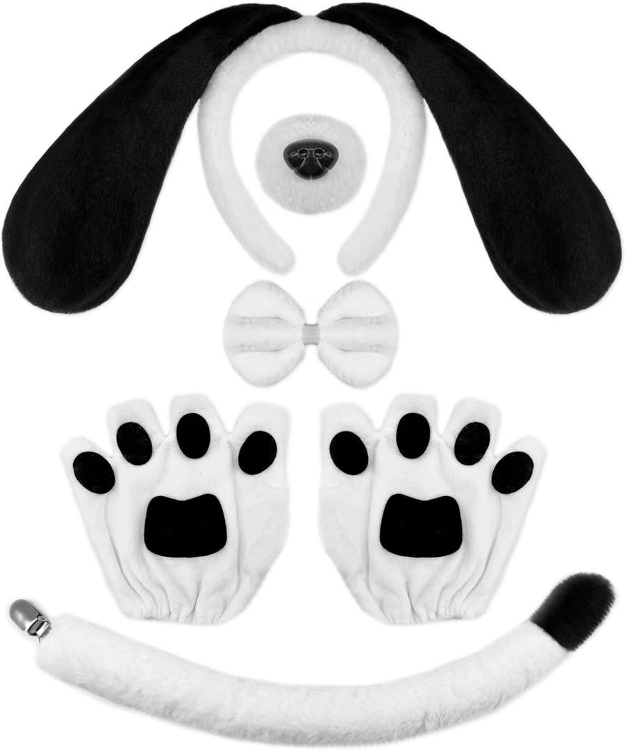 Dog Long Ears Headband - 5PCS Dog Ears Headband Paw Gloves Nose Bowtie Tail for Adult Women Halloween Puppy Costume Fluffy Floppy Animal Cosplay Party Accessories Set (Black and White)