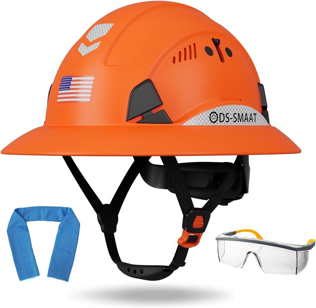 Full Brim Hard Hat ANSI Z89.1 Type 1 & OSHA Certified Safety Helmet with Glasses and Cooling Towel,with 6-Point Suspension & Adjustable Vents