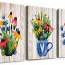 Vintage Wood grain plant flowers wall art for kitchen Wall Decorations for Living Room Bathroom Decorations room Wall decor 3 Pieces Framed Canvas print Artwork modern Office Home Decor painting