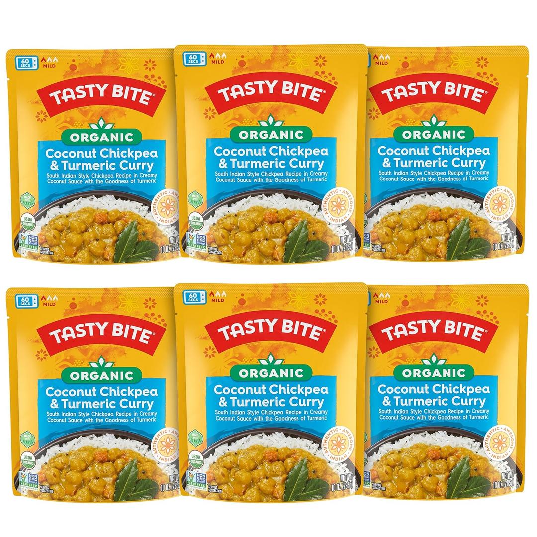 Tasty Bite Organic Chickpea Coconut and Turmeric Curry, Ready to Eat, Microwavable Entre, Vegan, 10 Ounce (Pack of 6),  BBD:DEC/31/26