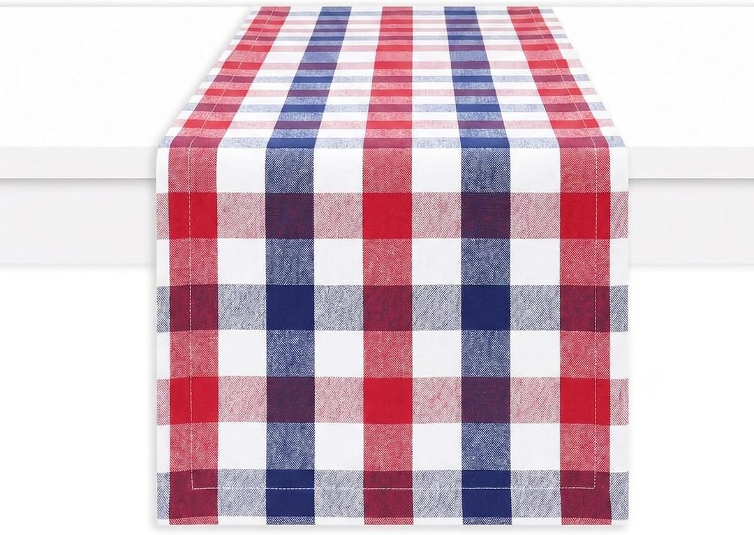 PurpleEssences 4th of July Buffalo Plaid Table Runner Classic Farmhouse 100% Cotton Checkered Farmhouse Table Runner for Spring Easter Summer Table Decor - 14 x 54 inch - Red Blue White