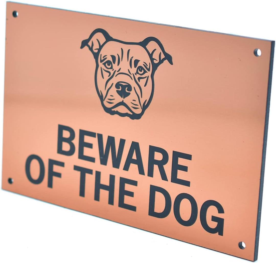 Beware of the Dog Sign (Staffordshire Bull Terrier) - Easy to See Warning, Indoor/Outdoor Notice, Deterrent Sign (Gold/Silver/Copper) (Copper)