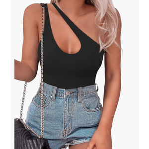 SAUNGKUAI Women's Sexy One Shoulder Sleeveless Cutout Thong Bodysuit Tank Top Body Suits V Backless Tummy Control Shapewear, S
