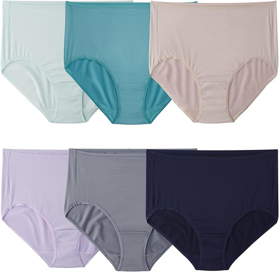 Fruit of the Loom Women's Breathable Underwear, Moisture Wicking Keeps You Cool & Comfortable,  (Size 6, Cooling Stripes - Brief - 6 Pack)
