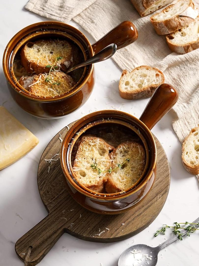 LE TAUCI French Onion Soup Bowls, 22 Ounces Ceramic Soup Bowls with Handles for Soup, Cereal, Chilli, Beef Stew, Soup Crocks Oven Safe and Stackable, Set of 2