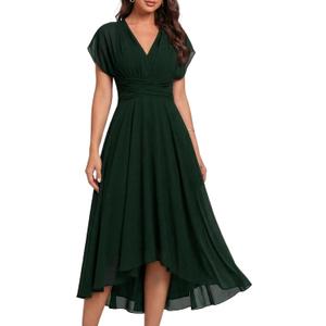 Women's Black Chiffon Dress Ruffle Short Sleeve Formal Dresses 2026 Summer Fashion Sexy Empire Waist Midi Dresses (Green)