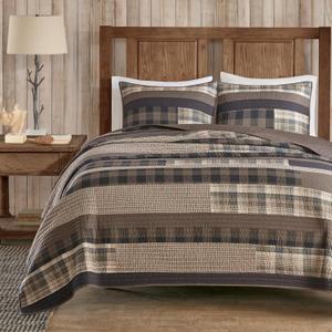 Woolrich Reversible Quilt Set - Cottage Styling Reversed to Solid Color, All Season Lightweight Coverlet, Cozy Bedding Layer, Matching Shams, Oversized King/Cal King, Winter Plains Stripes Taupe