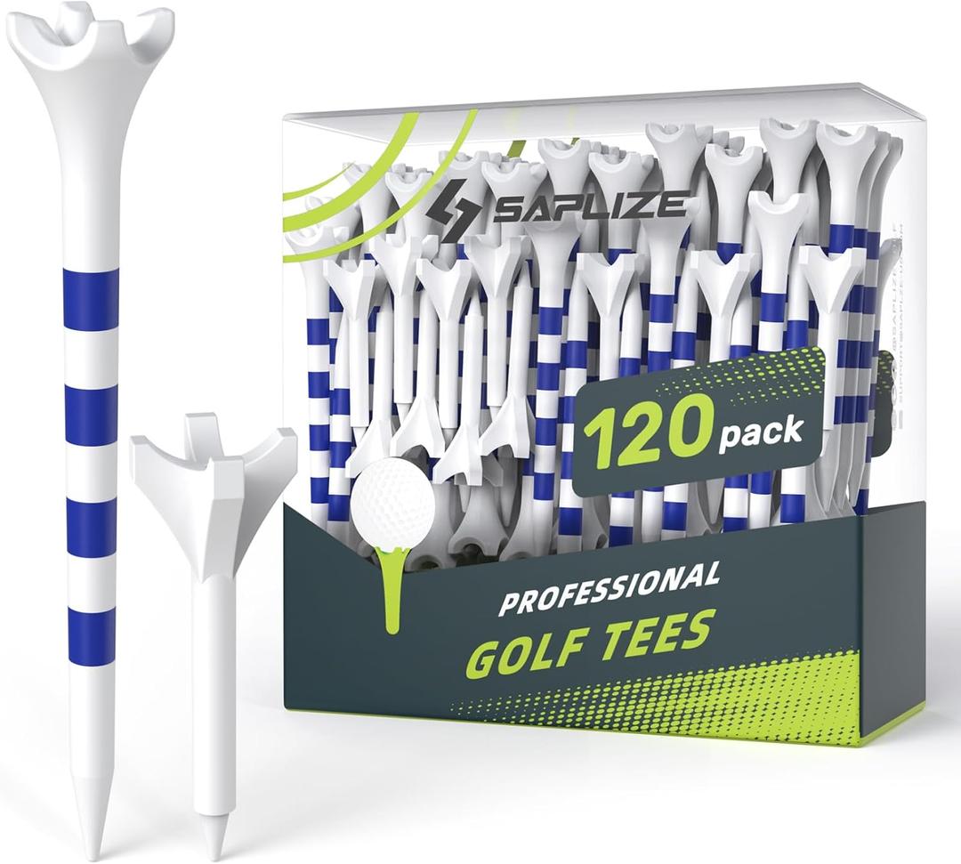 SAPLIZE Professional 120 Pack Plastic Golf Tees (100 Driver Tees + 20 Iron/Hybrid Tees), Low Friction & Resistance, 4 Prong Golf Tees