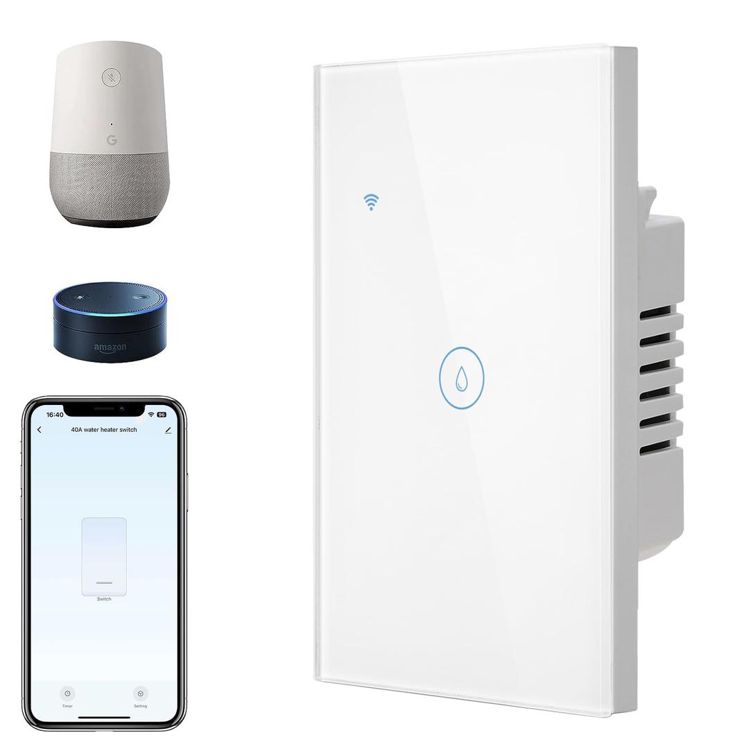 BSEED Smart Water Heater Switch, Zigbee Switch Compatible with Alexa, Google Assistant, Touch Switch with APP Control and Timer Function for Bathroom, Group Share Remote Voice Control, 40A, White