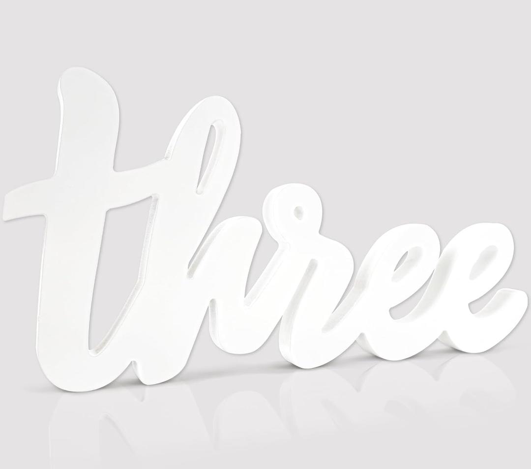 3rd Birthday Decorations Three Sign for Third Birth Day Table Centerpieces White Letter Wooden Photo Booth Props for 3 Year Old Birthday Party Decorations Supplies(12.6x6.3inch)