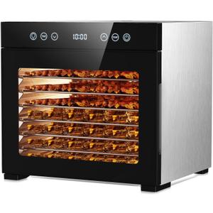 Food Dehydrator Machine, Powerful Food Dryer with 8 Stainless Steel Trays, Adjustable Temperature up to 167°F & 48-Hour Timer for Jerky, Fruits, Herbs - Includes Mesh Tray, Drip Tray & Recipe Guide