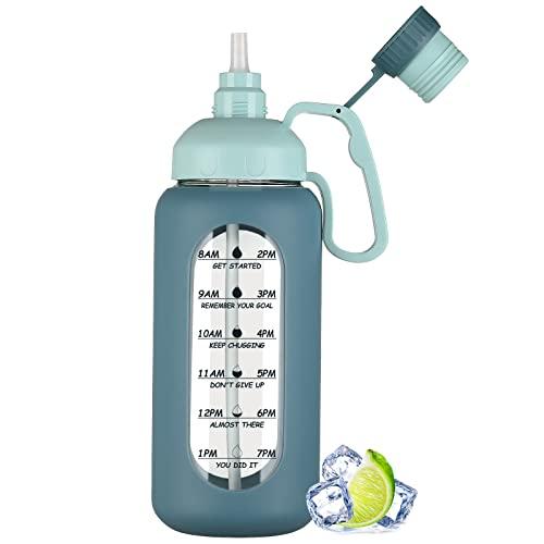 MUKOKO 64oz Glass Water Bottles with Straw, Half Gallon Water Jug with Time Marker, Sports Large Motivational Bottle with Silicone Sleeve, Blue