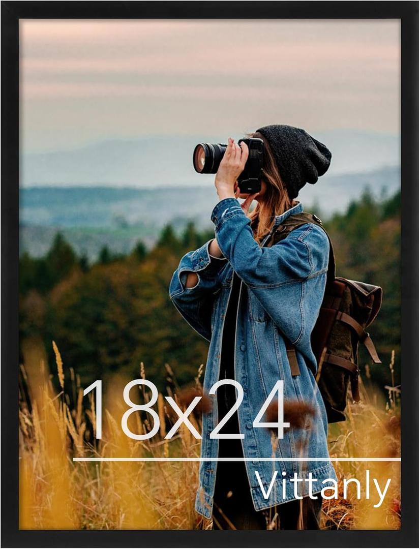 Vittanly 18x24 Poster Frame Black, Plexiglass, Displays Picture 16x20 with Mat or 18x24 without Mat, PVC Frame Material, Horizontal or Vertical Hanging, 1 Pack