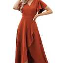 Formal Dresses for Women,Gowns Evening Party Cocktail Dress,Long Split Elegant V Neck Wrap Ruffle Wedding Guest A-line Dresses Brick Red-L