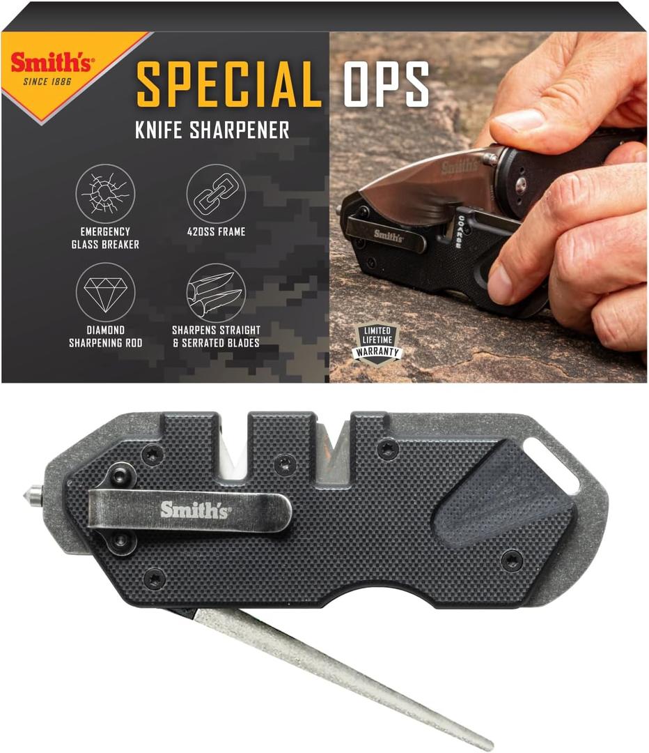 Smith’s 50979 Pocket Pal Tactical Knife Sharpener - Black - 2 Stage Sharpener & Diamond Sharpening Rod - Pocket Clip - Outdoor Hunting Knife & Hook Sharpener - Compact & Lightweight