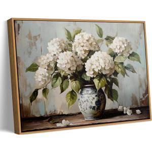 Framed Vintage Hydrangea Wall Art Rustic White Hydrangea Still Life Flower Canvas Painting Prints Farmhouse Flower Pictuer Vintage Country Wall Decor for Bathroom Living Room Bedroom 16x24 Inch