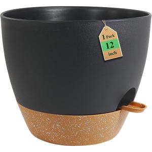 WSMKSZ 12 inch Large Self Watering Pots, Flower Plant Pots with Drainage Holes for Indoor Outdoor Garden Plants, Plastic Planters with Removable Deep Reservoir, Black with Brown, 12inch 1pcs