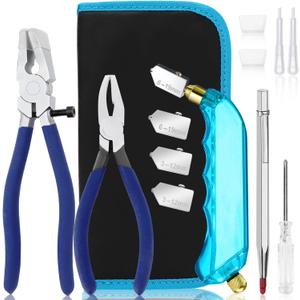 YOTINO Glass Cutting Tool Kit Includes Blue Grip Oil Feed Glass Cutter with 2 pliers, 3 Extra Replacement Head, Tungsten Scribe Engraving Pen, Screwdriver and Oil Dropper
