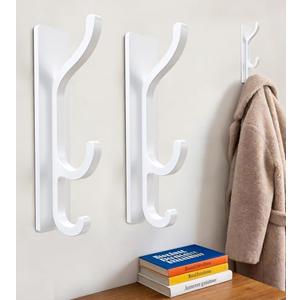 2 Pack Adhesive Wall Hook for Hanging, 30 lbs Super Sticky & Heavy Duty Coat/Towel Hook for Bathroom, Hanging Bags Towels Clothes Hook for Walls No Damage, Patent Pending, White