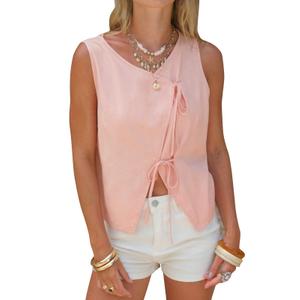 EXLURA Womens Linen Tank Tops Summer Trendy V Neck Vest Casual Tie Front Shirt Cute Spring Beach Vacation Outfits 2026 Pink (S)