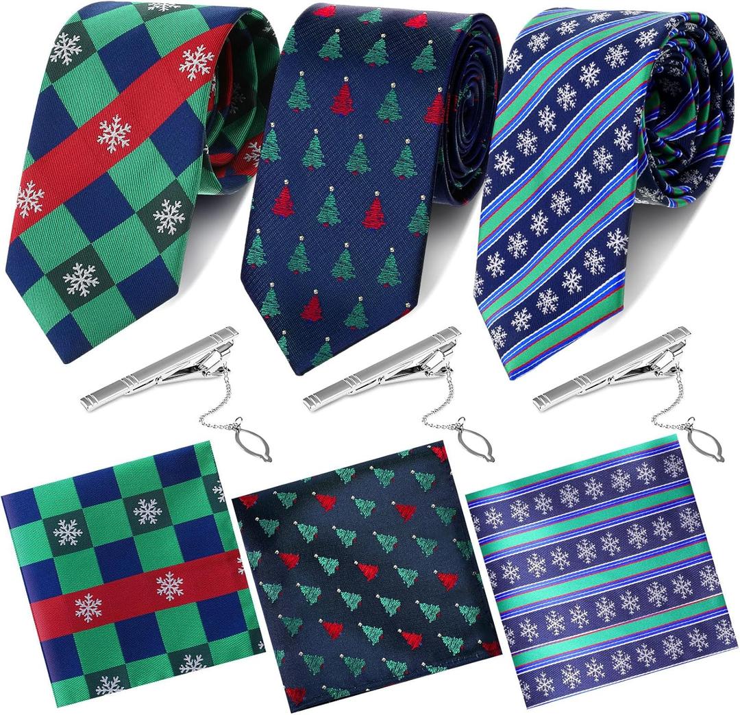 Berlune 3 Set Christmas Ties for Men Xmas Funny Holiday Necktie Pocket Square Tie Clips Set Vacation Festive Necktie Gift