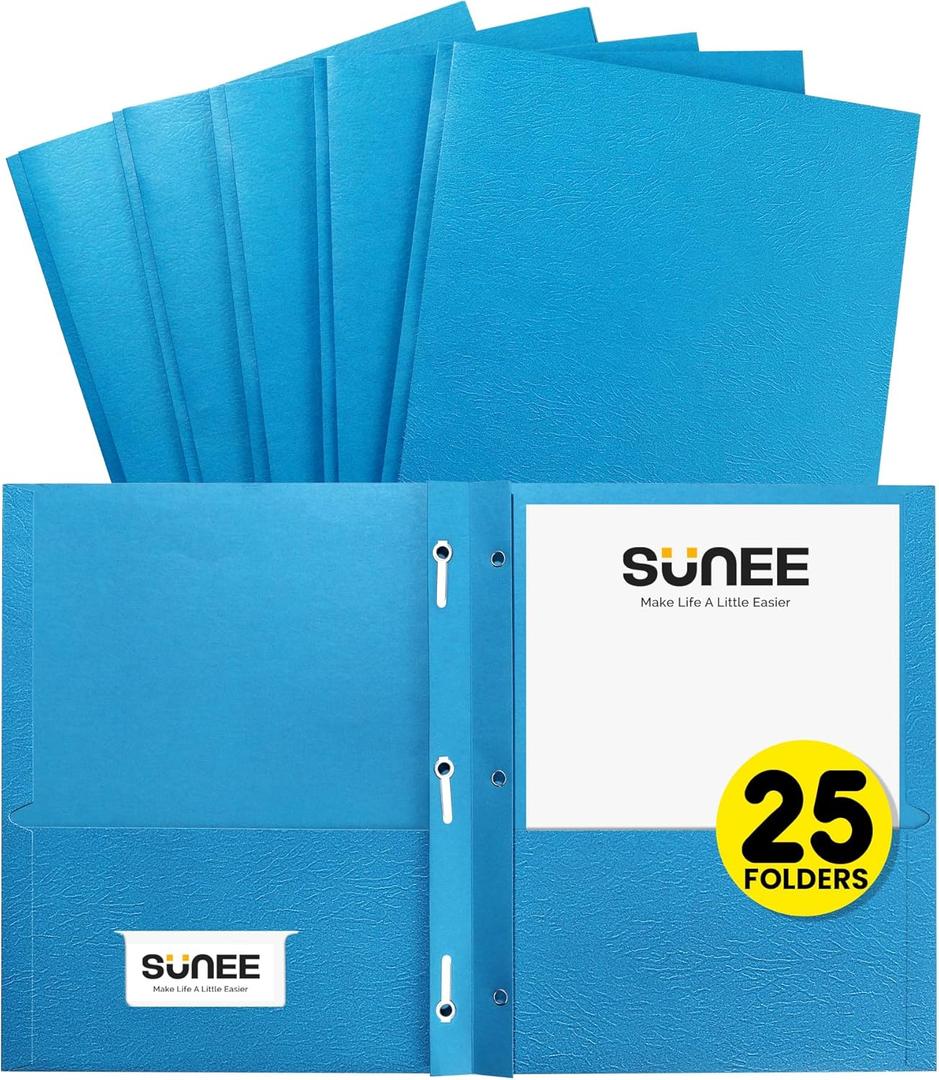 SUNEE 2 Pocket Folders with Prongs (25 Pack, Blue), Paper Folders with 2 Pockets and 3 Prongs Fit Letter Size Paper, Folders with Prongs for School Office Home Business