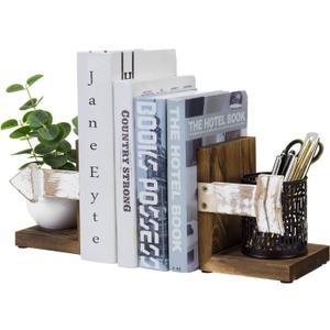 MyGift Farmhouse Bookends, Rustic Book Ends Kitchen, Tabletop Boho Bookend Support Stands, Whitewashed Arrow Design and Burnt Dark Brown Wood