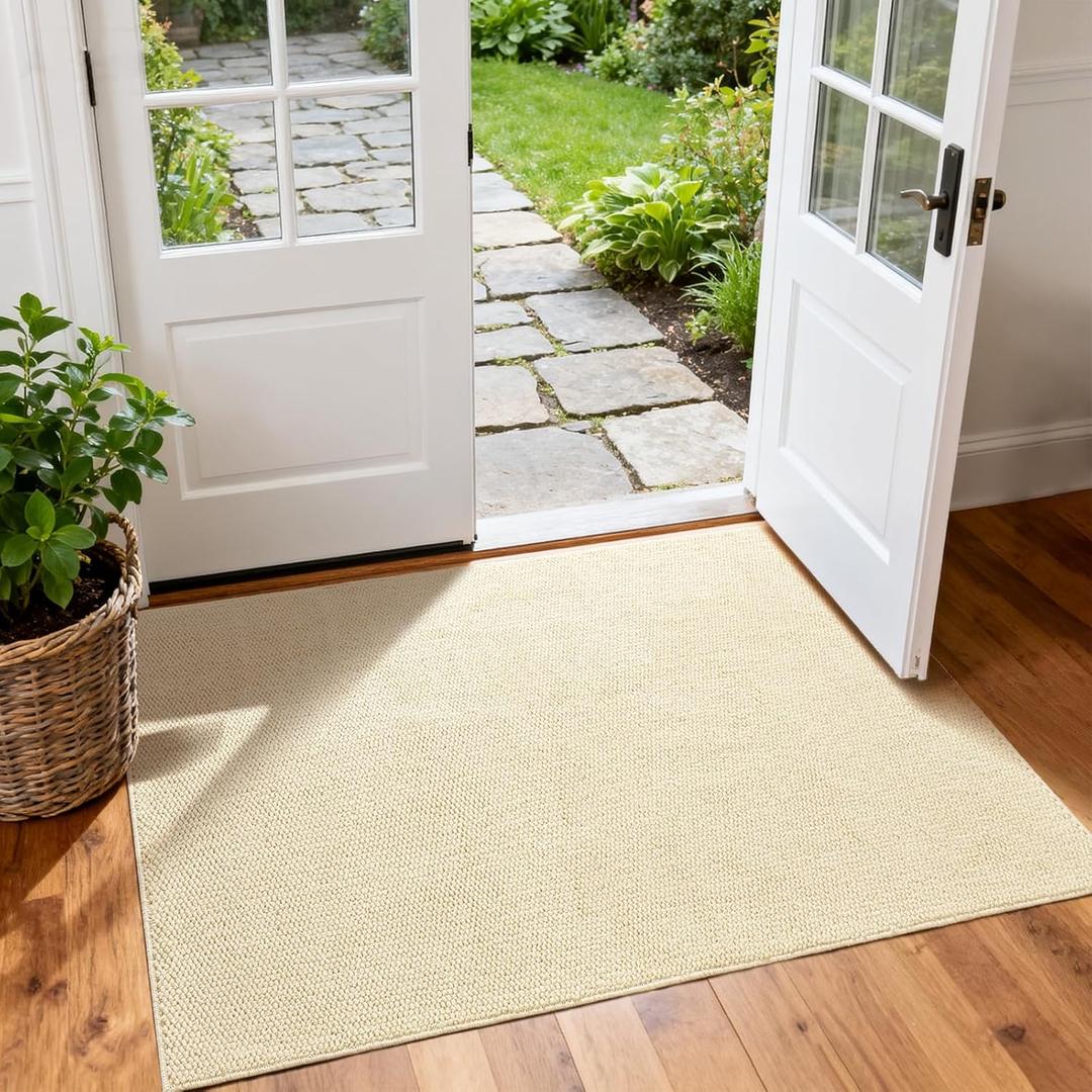Softlife Faux Jute Washable Area Rug for Front Door Entryway, 3x5 Indoor Non Slip Small Mat for Kictchen Entry Bathroom, Small Solid Boho Natural Rugs for Inside Entrance Hallway, Cream Beige