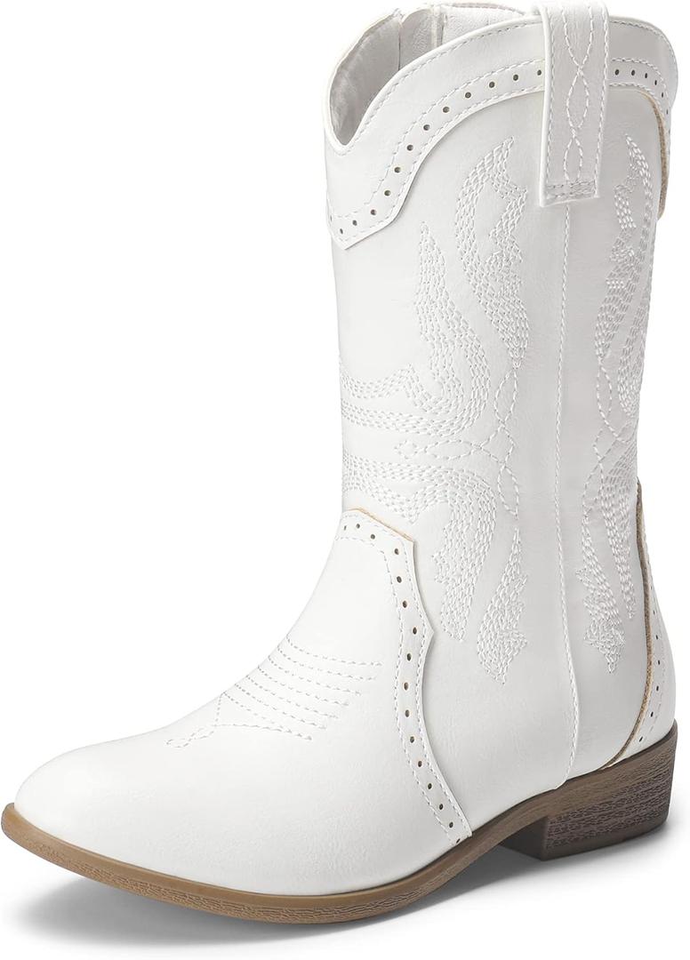 DREAM PAIRS Cowgirl Boots for Girls Boys Cowboy Boots Kids Western Embroidered Mid Calf Riding Shoes with Walking Heel Toddler/Little Kid/Big Kid (White) Size 6