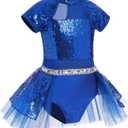 AFAVOM Toddler Girls Sequin Ballet Leotard Sparkly Gymnastics Dance Mesh Leotard Skirted Feather Mock Neck Ballerina Outfit (Blue) 3-4Y