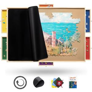 1500 Rotating Puzzle Board Pro, with 6 Drawers, Rubber Cover Mat, 34" x 25", 360 Lasy Susan, Sort-Wise Colorful Felt Drawers & 4 Trays, Wooden Jigsaw Puzzle Table, Birthday Gifts for Mom (Multicolor)