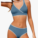 KANGKANG Girls Swimsuit Bikini Set Solid Color V-Neck Two Piece Bathing Suit with Chest Pad Adjustable Straps Swimwear, 13-14 Y, Dark Blue