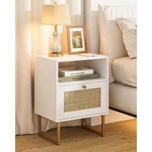 Rattan Nightstand, Boho Night Stand Farmhouse Wood Bedside Table with Storage and Open Shelf, End Side Accent Table for Bedroom,Living Room,White (Normal)