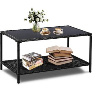 2-Tier All Weather Rattan Wicker Outdoor Coffee Side Table with Glass Top, 36" x 20" x 18.5"