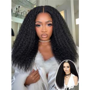 WIGER Kinky Straight U Part Wigs Human Hair Half Wig Natural Color Glueless Thin Leave Out Curly Hair 200% Density 22 Inch kinky Curly Clip in Wigs for Black Women Wear And Go Wig