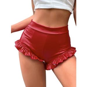 WDIRARA Women's PU Leather High Waisted Booty Shorts Ruffle Hem Skinny Shorts Burgundy Medium (Red)