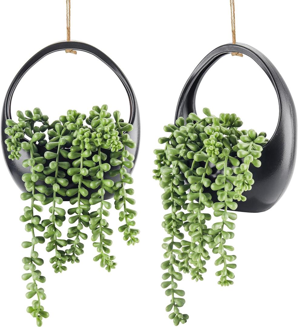 Der Rose 2 Pack Small Fake Hanging Plants with Strings Artificial Succulent Plants Indoor for Black Bathroom Boho Wall Decor