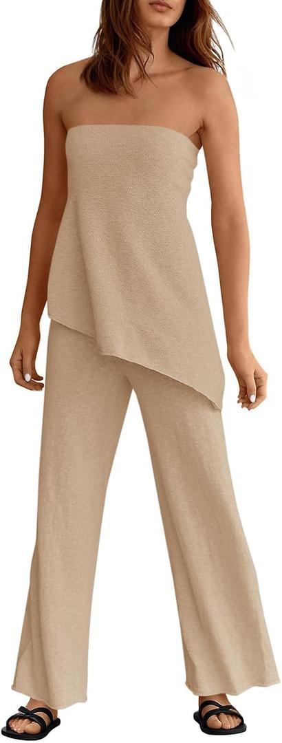 Tankaneo Womens 2 Piece Outfits Asymmetrical Tube Top Wide Leg Pants Knit Vacation Travel 2025 Matching Lounge Sets (Small, Apricot)