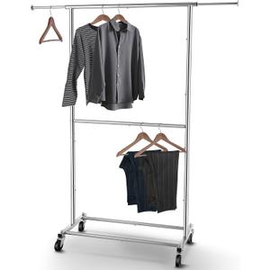 Simple Trending Double Rod Clothing Garment Rack, Rolling Clothes Organizer on Wheels for Hanging Clothes, Chrome
