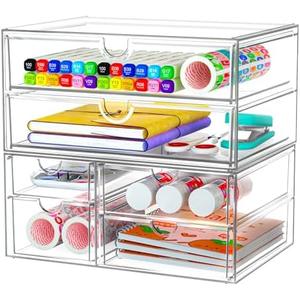 ARSTPEOE Acrylic Organizer with 6 Drawers, Bathroom Counter Organizer, Makeup Desk Organizers, Office Supplies, Storage Drawers for Cosmetic, Pencil, Coffee